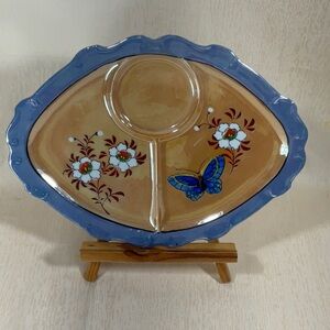 Japanese Lusterware divided serving plate Hand Painted Floral Butterfly